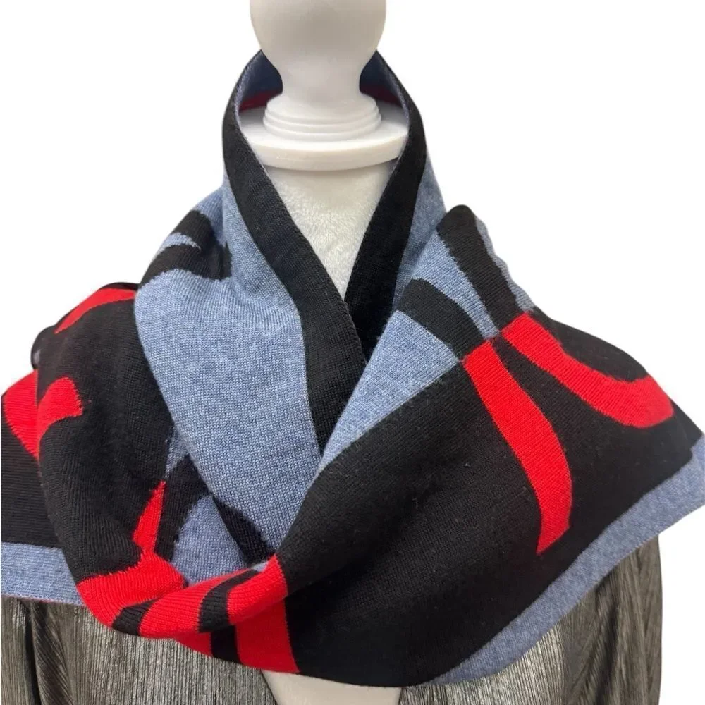 Auth Louis Vuitton 100% Wool Red Blue Black Gray Horizon Scarf Stole Muffler